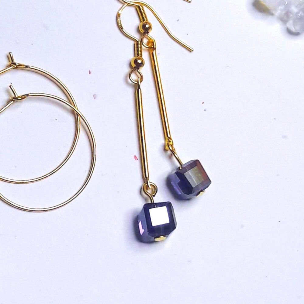 Purple Glass Antique Gold Hooks Hidden Meaning earrings Neo Deco , Glitchy  523■